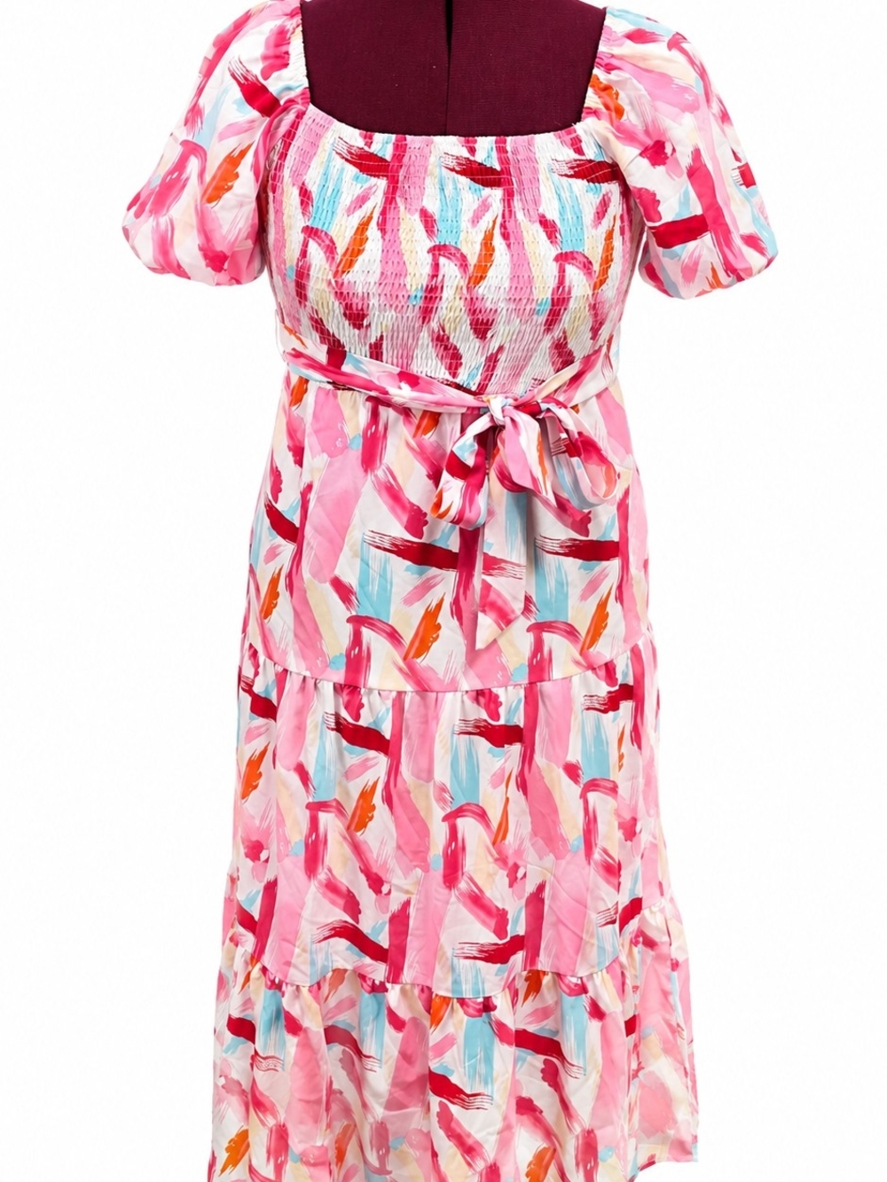 Pink Multi Brushstroke Smocked Midi Dress